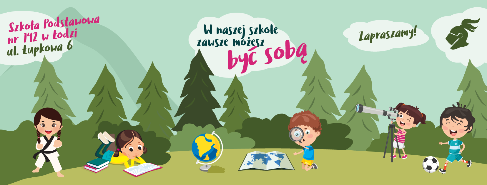 Plakat z hasłem zapraszającym do Szkoły Podstawowej nr 142 w Łodzi.